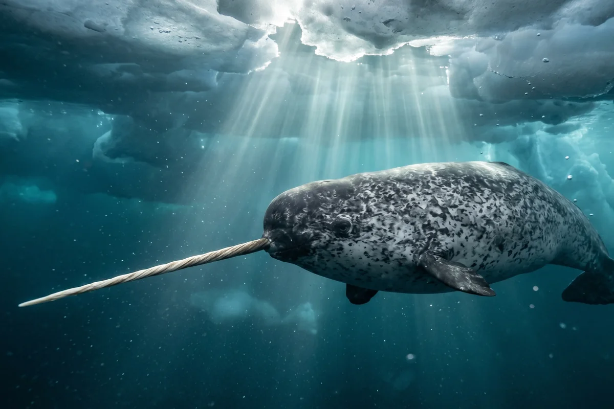 Underwater illustration of a narwhal swimming beneath sea ice as sunbeams stream down