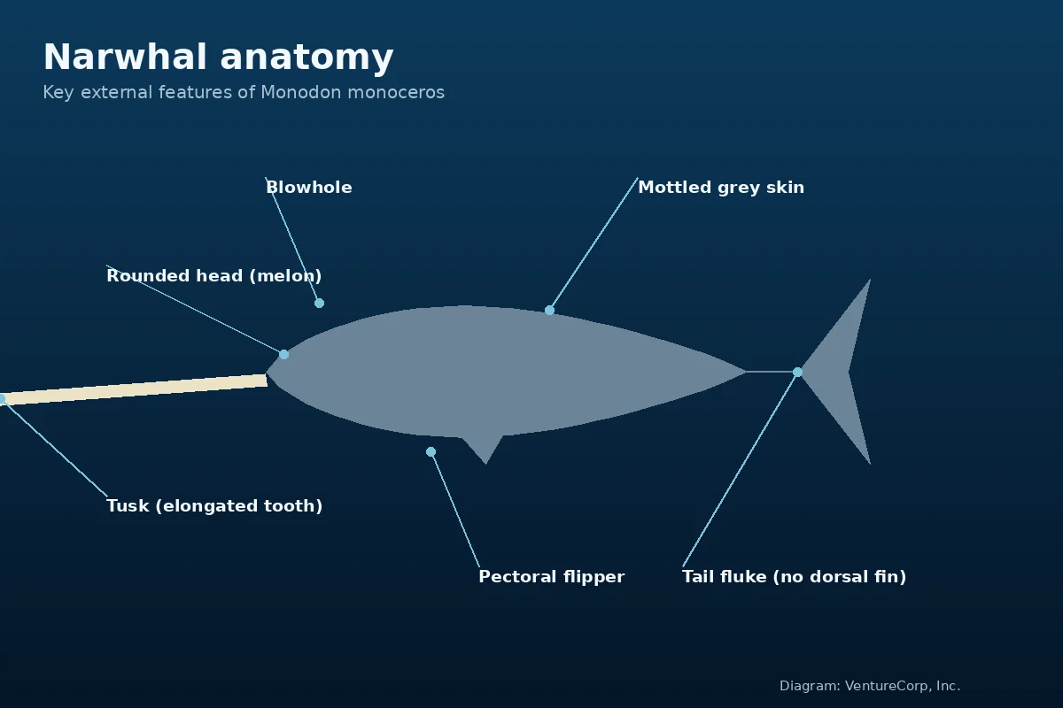 Labeled diagram of narwhal anatomy: tusk, melon, blowhole, flipper and fluke